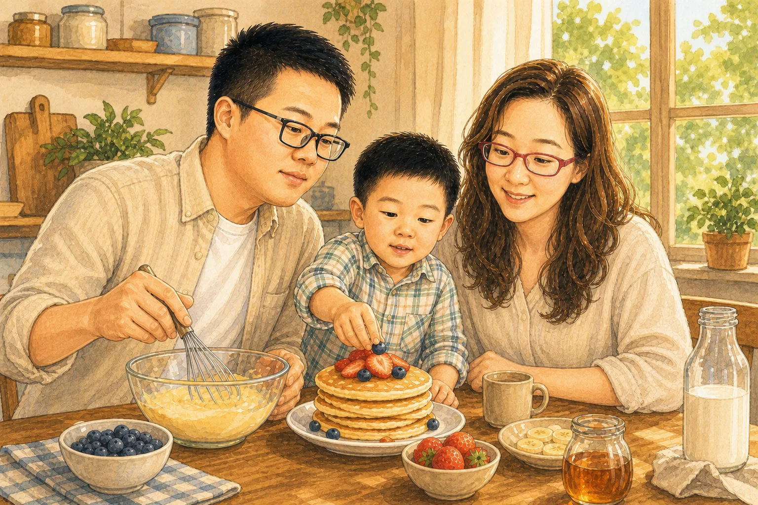 一家三口在家一起做早餐的普通早晨