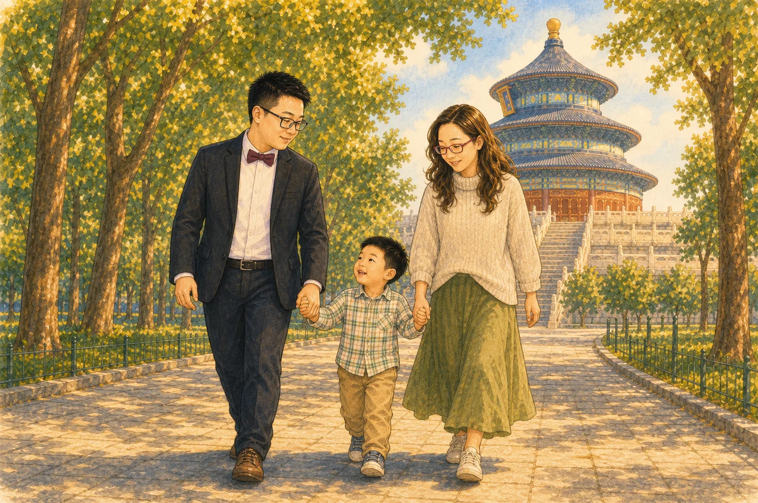 一家三口在天坛的松柏间散步